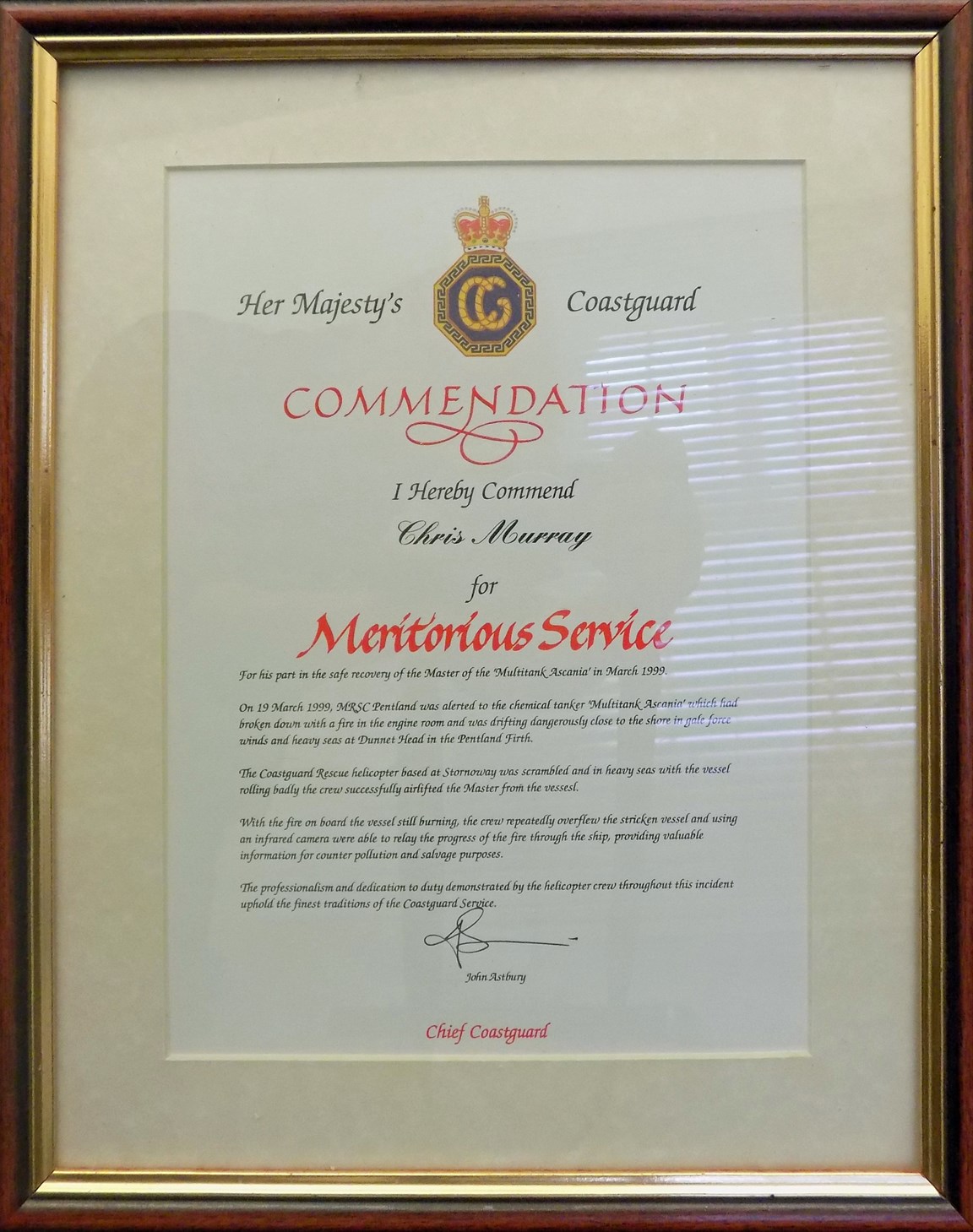 Chief Coast Guards Commendation for meritorious service awarded to WM Chris Murray