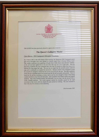 The Queen’s Gallantry Medal certificate