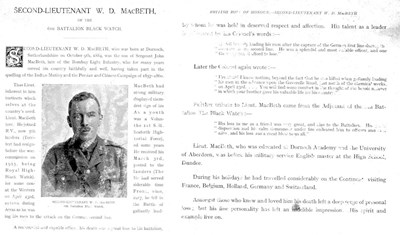 Roll of Honour Second Lieutenant W D MacBeth