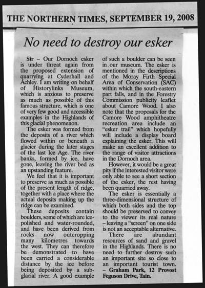 Letter to the Northern Times 'No need to destroy our esker'