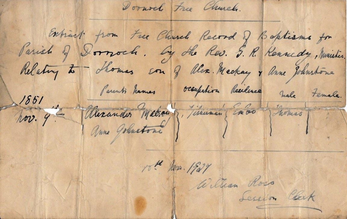 Baptism Certificate Thomas Mackay Dornoch Free Church