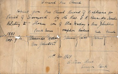 Baptism Certificate Thomas Mackay  Dornoch Free Church