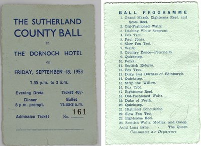 Ticket to the Sutherland County Ball 18 Sep 1953