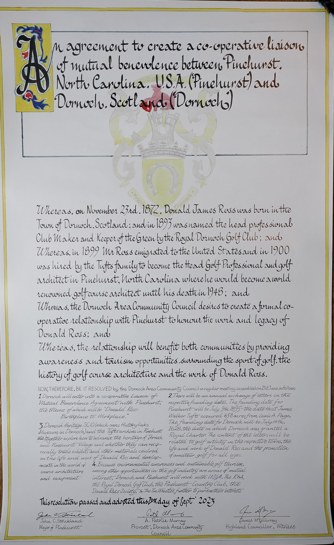 Agreement of mutual benevolence between Pinehurst and Dornoch