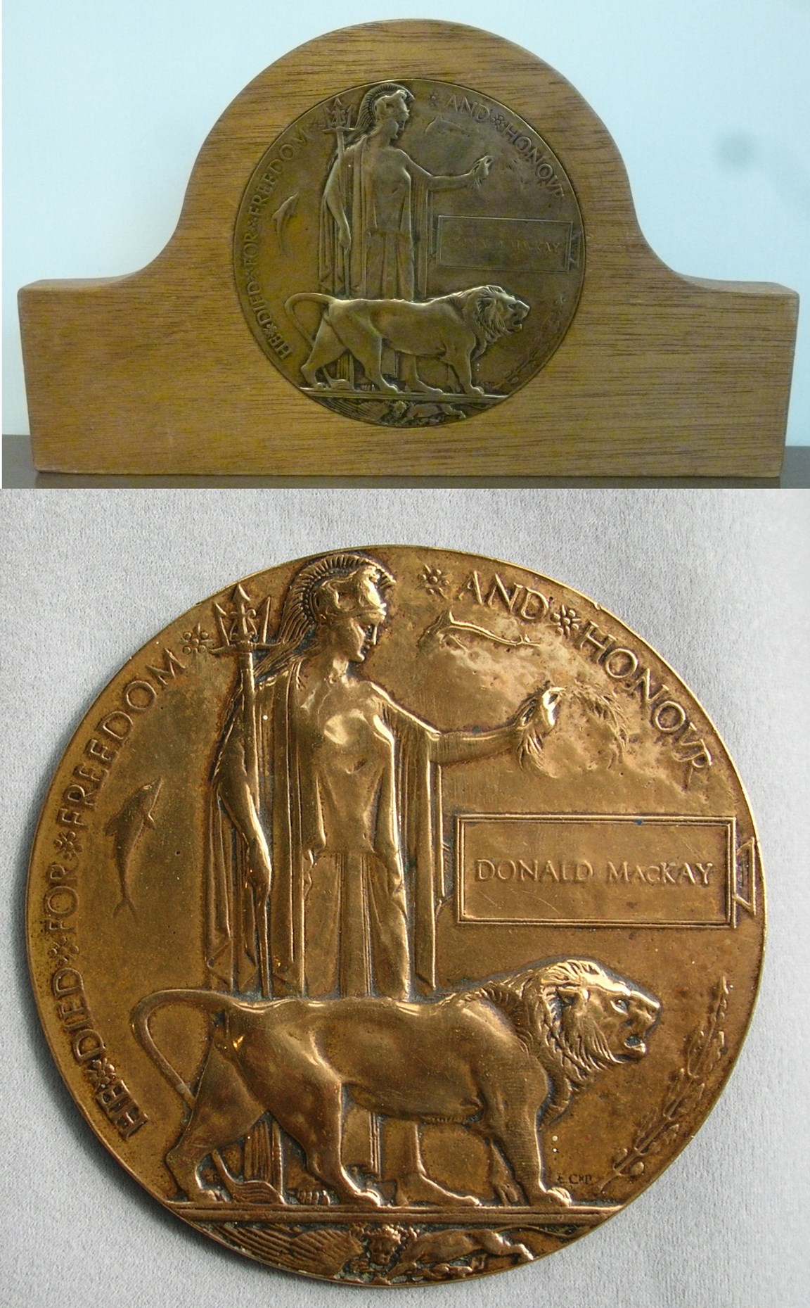 WW! Death Plaque mounted in a wooden stand