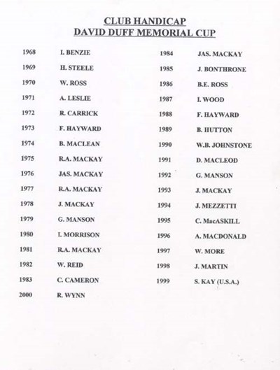 Dornoch Bowling Club - winners David Duff Memorial Cup 1968 - 2000