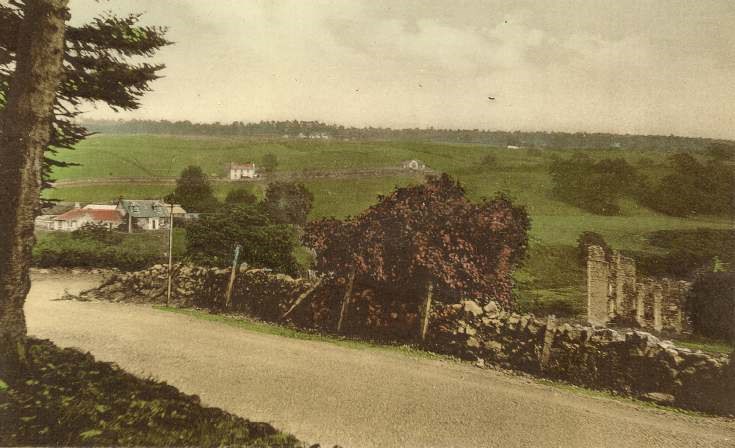 Tinted view of road bend at Spinningdale with ruined mill