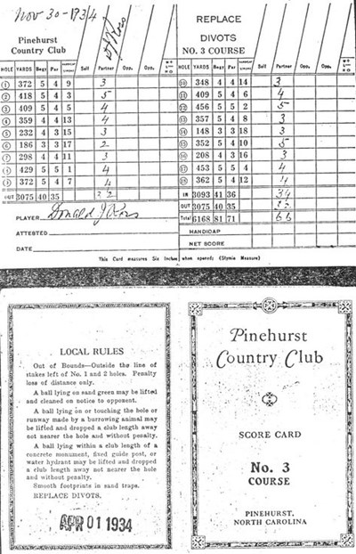 Donald Ross documents - Pinehurst score card