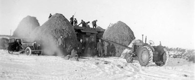 Haystack making in snow at Proncy 1947