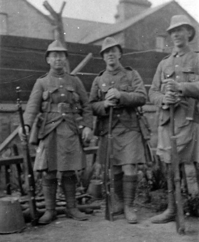 Three soldiers in Seaforth's non-dress uniform