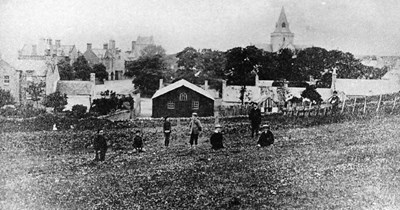 Children school hill, two men on hill, Dornoch,Cathedral