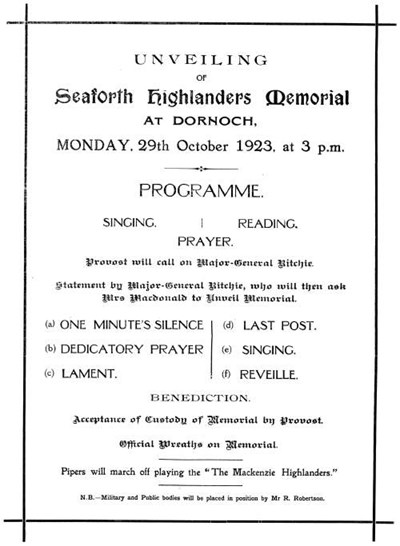 Unveiling of Seaforth Highlanders' Memorial 1923