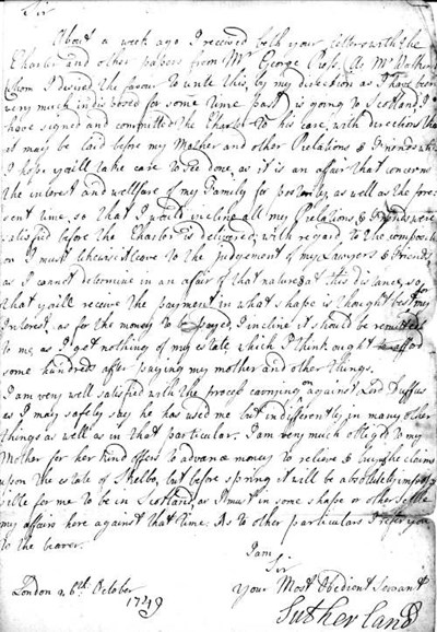 Letter from the Earl of Sutherland 1749