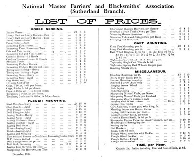 List of prices of Farriers' and Blacksmiths' Association