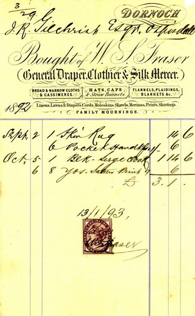 Invoice from W S Fraser to J R Gilchrist, Ospisdale