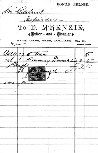 Invoice from D McKenzie, Bonar Bridge to J R Gilchrist, Ospisdale.