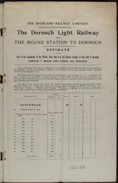 Dornoch Light Railway -Estimate of cost of works