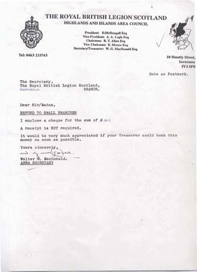 Treasurer's correspondence, British Legion Dornoch branch