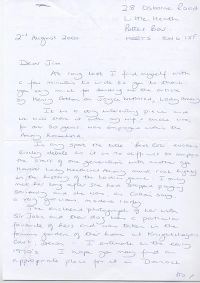 Letter about Joyce Wethered