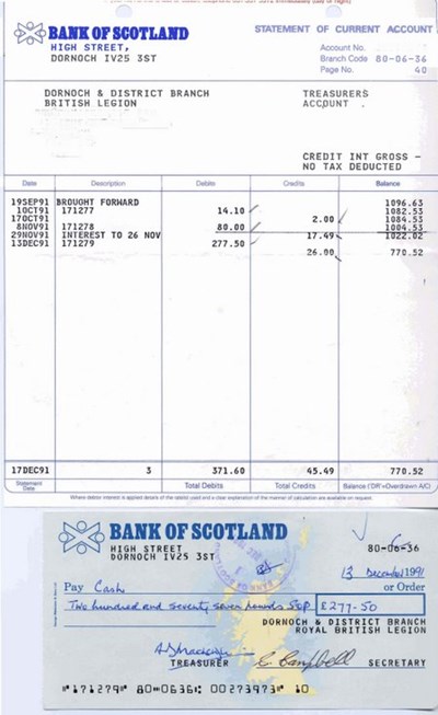 Bank statements and cheques, British Legion Dornoch branch