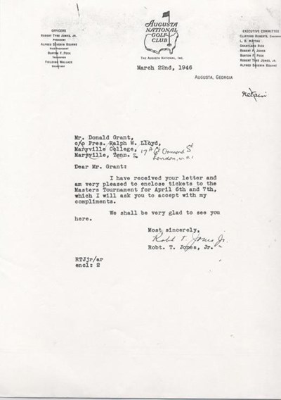 Letter to Donald Grant with tickets for Masters Tournament