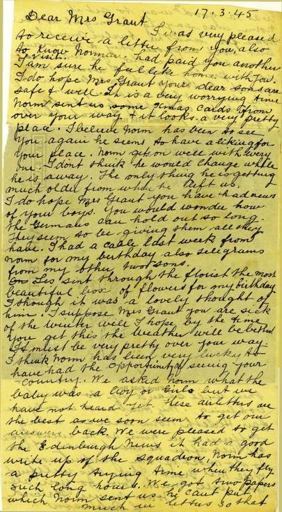 Wartime letter to Mrs Grant