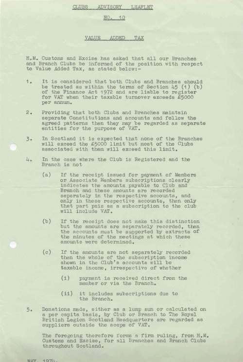 British Legion Correspondence - Advisory leaflet VAT
