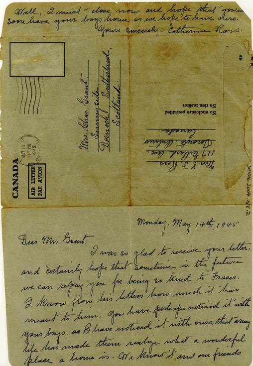 Wartime letter to Mrs Grant