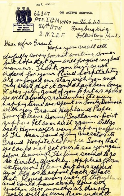 Wartime letter to Mrs Grant