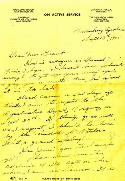 Wartime letter to Mrs Grant