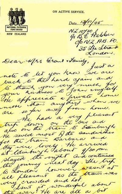 Wartime letter to Mrs Grant