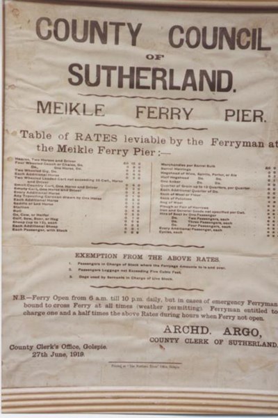 Table of Meikle Ferry rates leviable by the ferryman