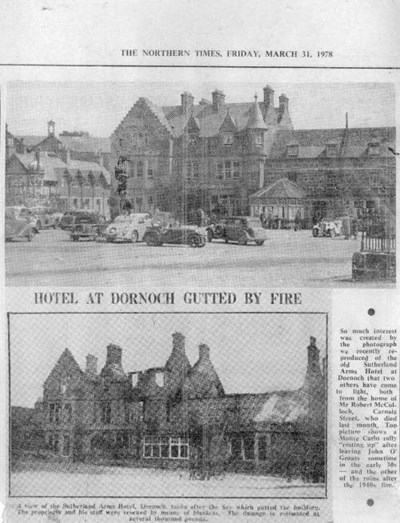1978 Press cutting about Sutherland Arms Hotel before and after fire.