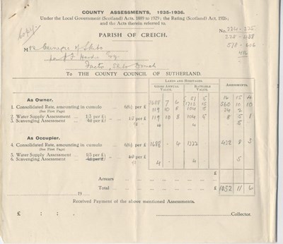 Rates Assessment for Skibo Estate 1935 - 1936