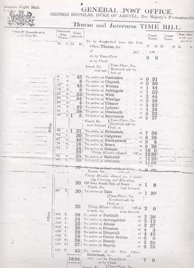 General Post Office Thurso to Inverness Time Bill