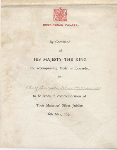 Award of Jubilee Medal to Chief Constable John Macdonald