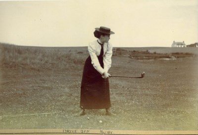 Ruby Grierson preparing her golf drive 1896