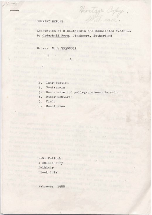 Summary report of excavation by Cyderhall Farm, Clashmore
