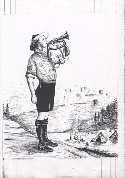 Line drawing of Boy Scout playing the bugle