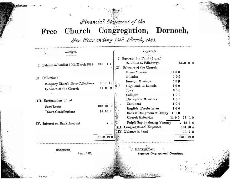 Financial Statement of Free Church Congregation  Dornoch 1883