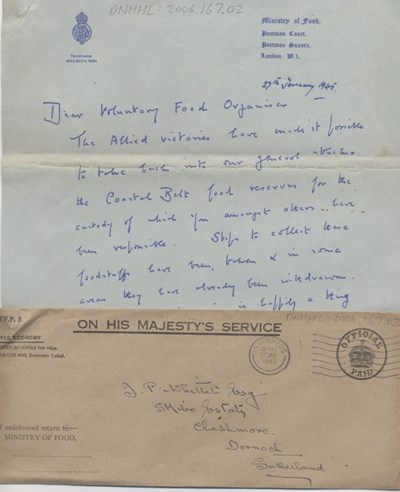 Ministry of Food handwritten letter and envelope 1945