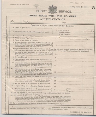 Attestation Form Three Years with the Colours 1914