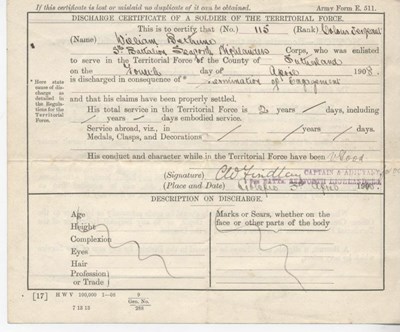 Discharge Certificate Territorial Force Soldier 1908