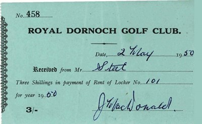 Receipt for rent of Golf Club locker 1950