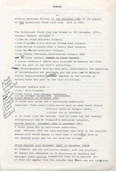 Report on Sutherland Field Club papers 1989