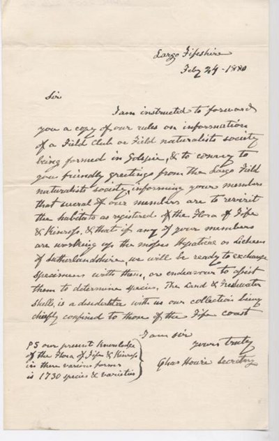 Letter from Largo Field Naturalists' Society 1880
