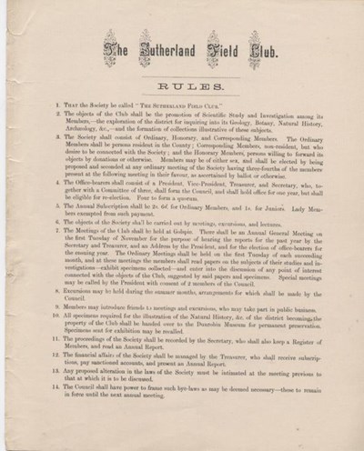 Rules of the Sutherland Field Club 1880