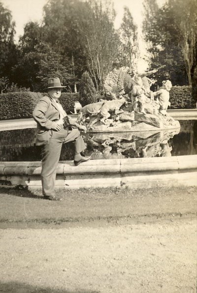 Mr Hardie at an ornamental fountain