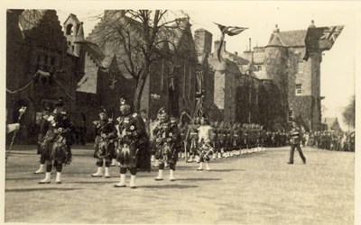 Seaforth Highlanders with Pipe Band on parade in The Square