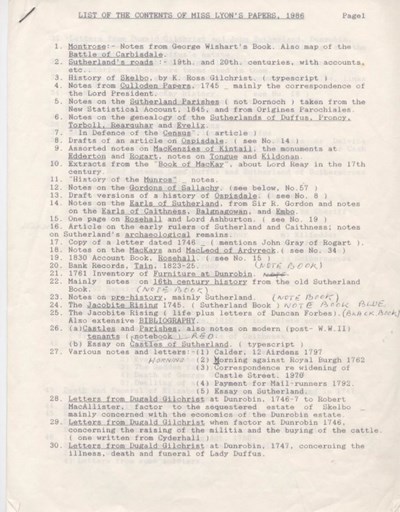 List of Miss Lyon's papers 1986
